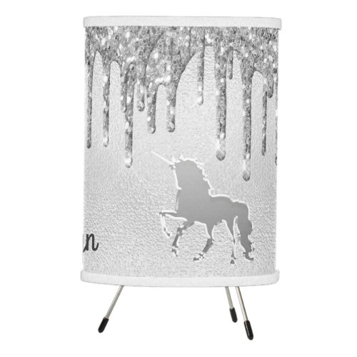 Unicorn silver glitter drips name girl tripod lamp