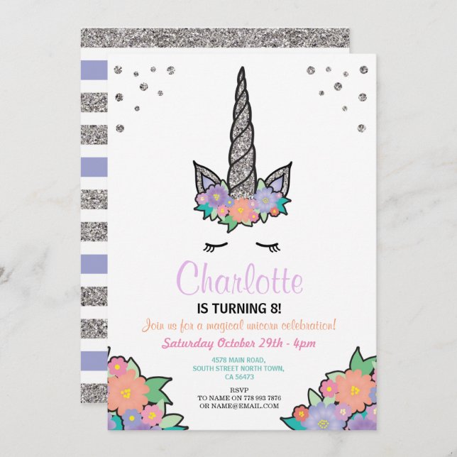 Unicorn Silver Glitter Floral Birthday Invite (Front/Back)