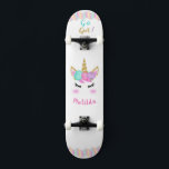 Unicorn skateboard with personalized captions<br><div class="desc">Make this sweet Unicorn Skateboard  your own by adding your text. To access advanced editing tools on Zazzle,  please go to "Personalize this template" and click on "Details",  scroll down and press the "click to customize further" link. Great gift idea for Girls who love unicorns!</div>