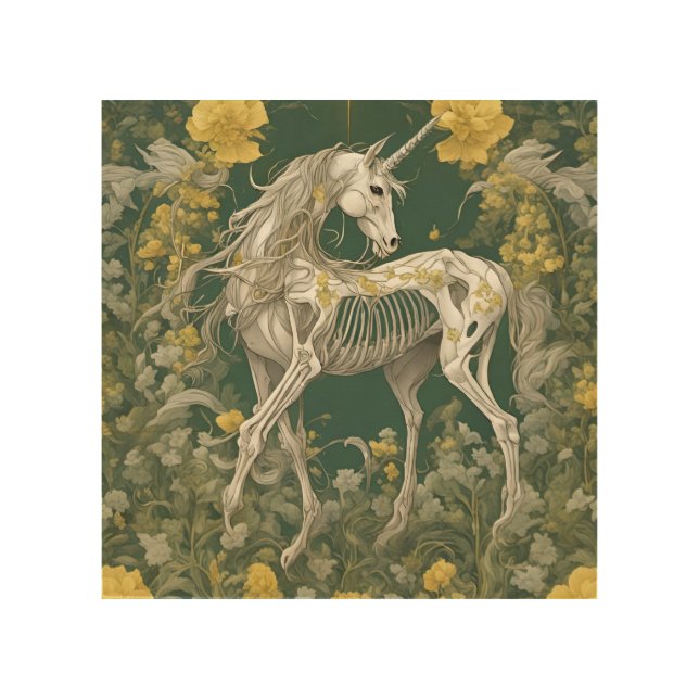 Unicorn Skeleton in the Yellow Flowers Wood Wall Art (Front)