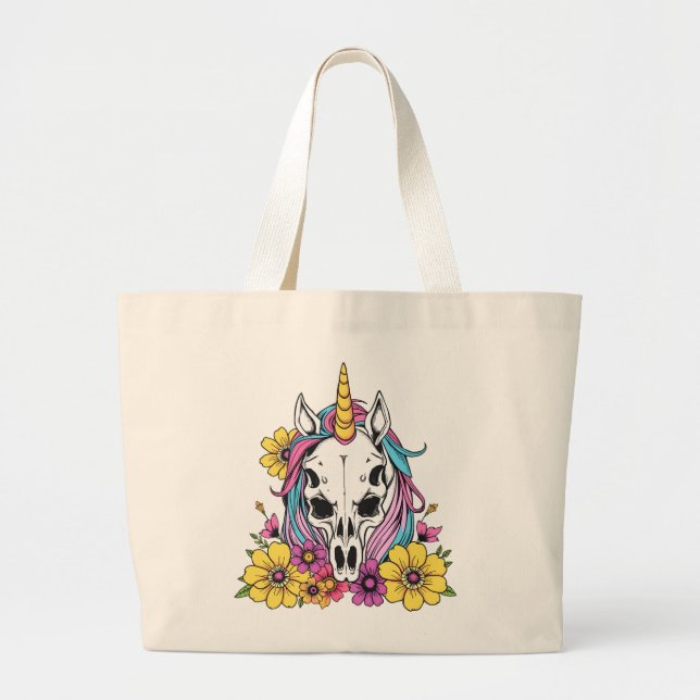 Unicorn Skull Flowers Pastel Goth Soft Grunge Goth Large Tote Bag (Front)