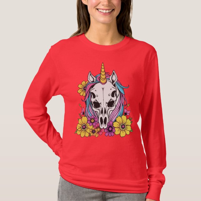 Unicorn Skull Flowers Pastel Goth Soft Grunge Goth T-Shirt (Front)