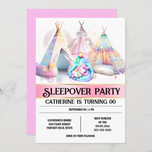 Unicorn sleeping bag teepee pink white girly sleep invitation