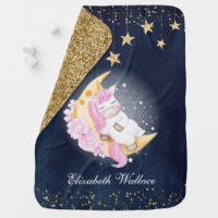 Unicorn Sleeping on Crescent Moon Navy Blue Baby Blanket