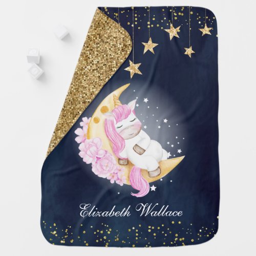 Unicorn Sleeping on Crescent Moon Navy Blue Baby Blanket