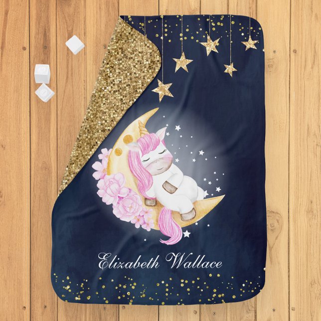 Unicorn Sleeping on Crescent Moon Navy Blue Baby Blanket (Creator Uploaded)