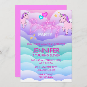 Unicorn Sleepover Invitation 11th Birthday Pink