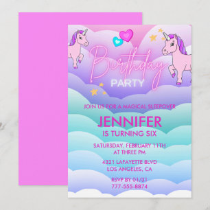Unicorn Sleepover Invitation 6th Birthday Pink