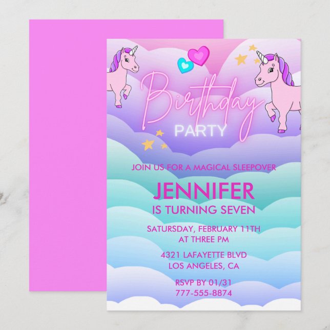 Unicorn Sleepover Invitation 7th Birthday Pink (Front/Back)