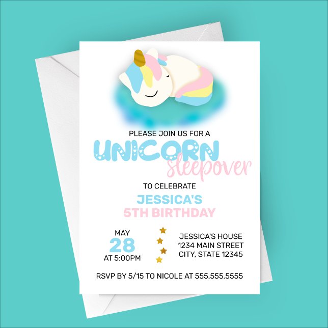 Unicorn Sleepover Kids Birthday Party Invitation (Unicorn Sleepover | Cartoon Sleeping Unicorn Birthday Party Invitation)