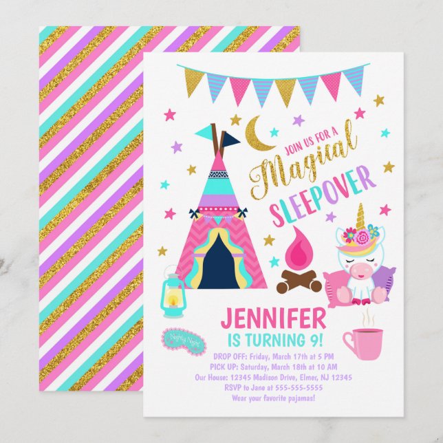 Unicorn Sleepover Party Birthday Invitation (Front/Back)