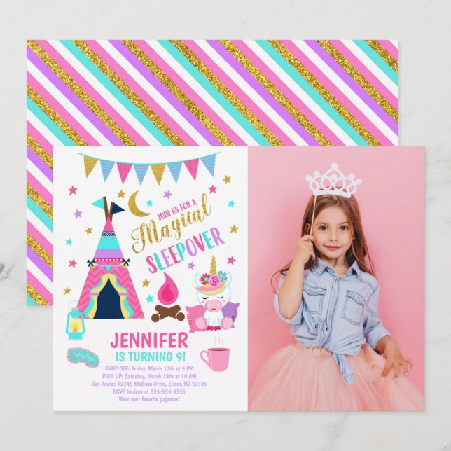 Unicorn Sleepover Party Birthday Invitation (Front/Back)