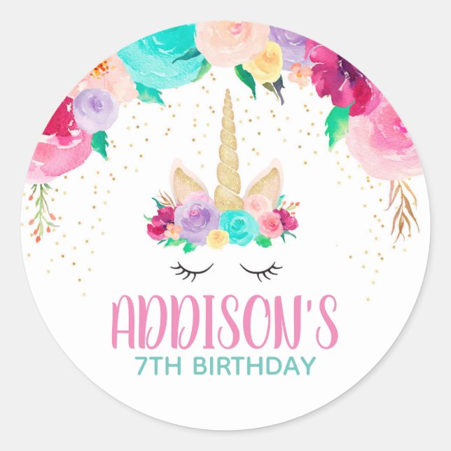 Unicorn Sleepy Birthday Party Favor Round Stickers (Front)