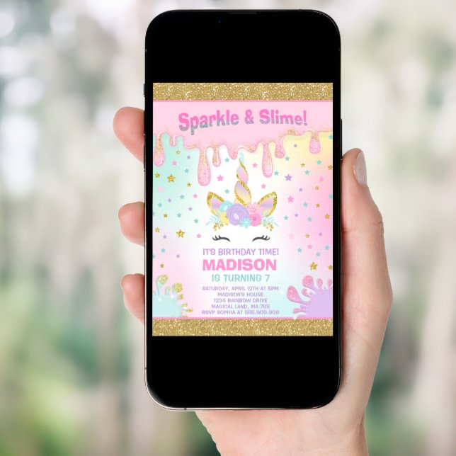 Unicorn Slime Birthday Invitation Slime Party (Front Digital)
