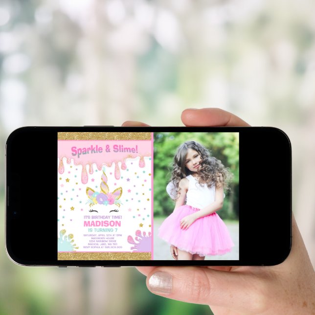 Unicorn Slime Birthday Invitation Slime Party (Front Digital)
