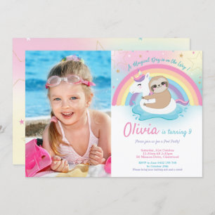 Unicorn Sloth Pool Party Birthday Girl Photo Invitation