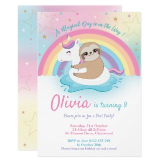 Unicorn Sloth Pool Party Birthday Invitation Girls