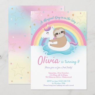 Unicorn Sloth Pool Party Birthday Invitation Girls