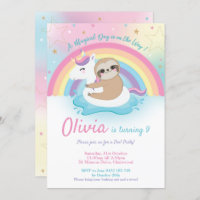 Unicorn Sloth Pool Party Birthday Invitation Girls