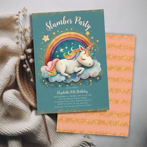Unicorn Slumber Pajama Party Teal Girl Birthday Invitation