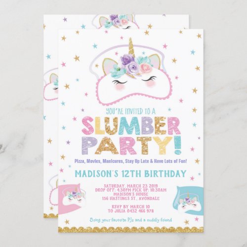 Unicorn Slumber Party Birthday Invitation Pajama