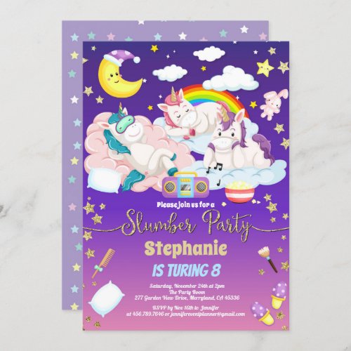 Unicorn slumber party birthday sleepover invitation