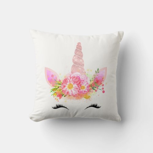 Unicorn Smiling Lashes Black Rose Gold Flowers Throw Pillow