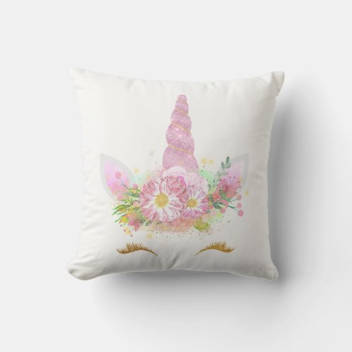 Unicorn Smiling Lashes  Face Pink Floral Girly Throw Pillow
