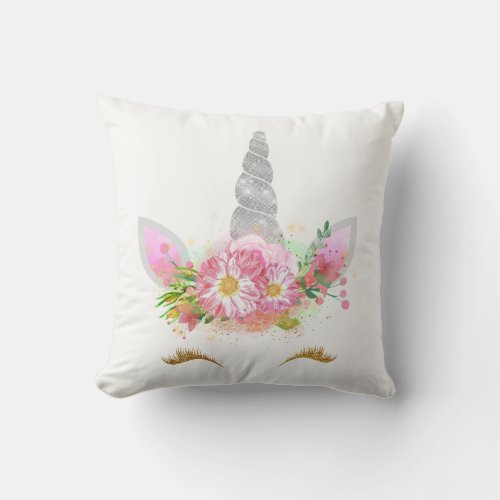 Unicorn Smiling Lashes Pink Gold Silver Flowers Throw Pillow