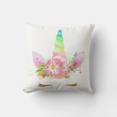 Unicorn Smiling Lashes Pink Rose Flowers Rainbow Throw Pillow