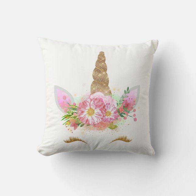 Unicorn Smiling Lashes Pink Rose Gold Flowers Spar Throw Pillow (Front)