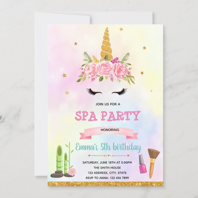 Unicorn spa birthday party invitation (Front)