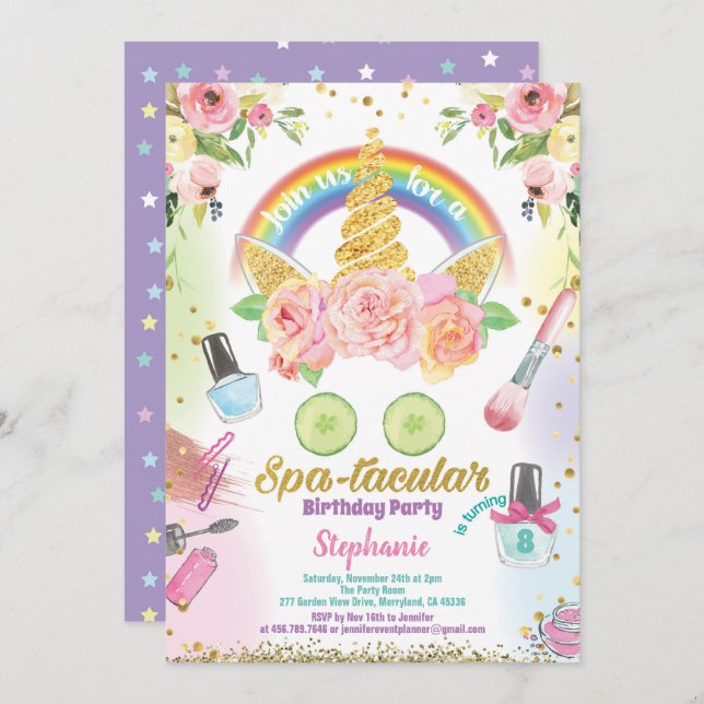 Unicorn spa party birthday invitation watercolor (Front/Back)