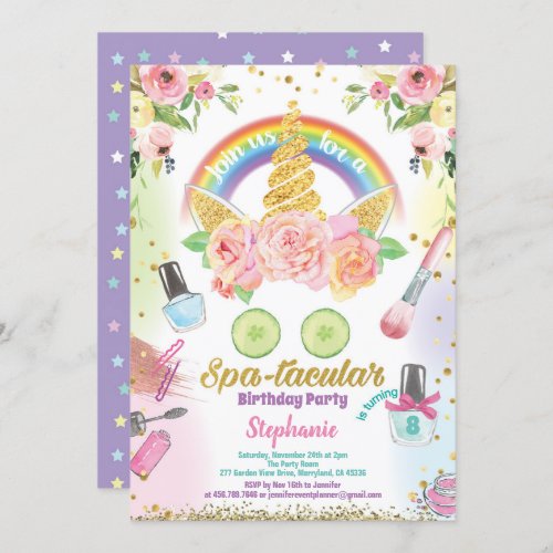 Unicorn spa party birthday invitation watercolor