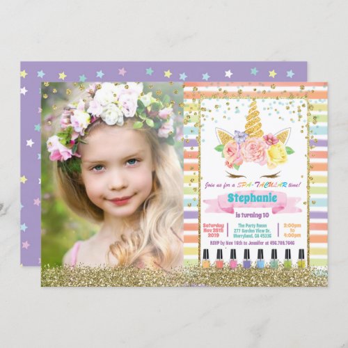 Unicorn spa party girl birthday pastel photo invitation