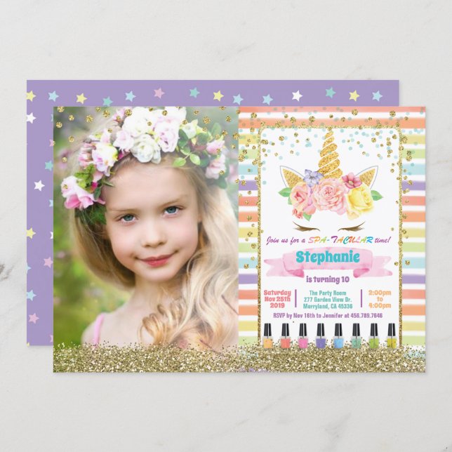 Unicorn spa party girl birthday pastel photo invitation (Front/Back)