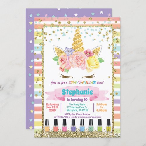 Unicorn spa party girl birthday pastel rainbow invitation