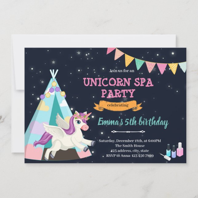 Unicorn spa sleepover invitation (Front)