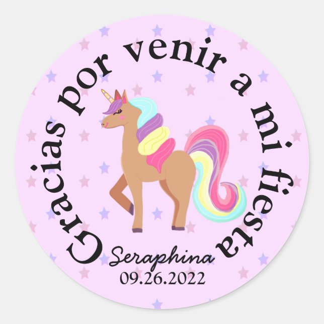 Unicorn Spanish Thank You/Gracias Party Favor Classic Round Sticker (Front)