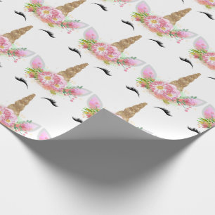 Unicorn Sparkl Glitter Pink Gold Floral Rose White Wrapping Paper