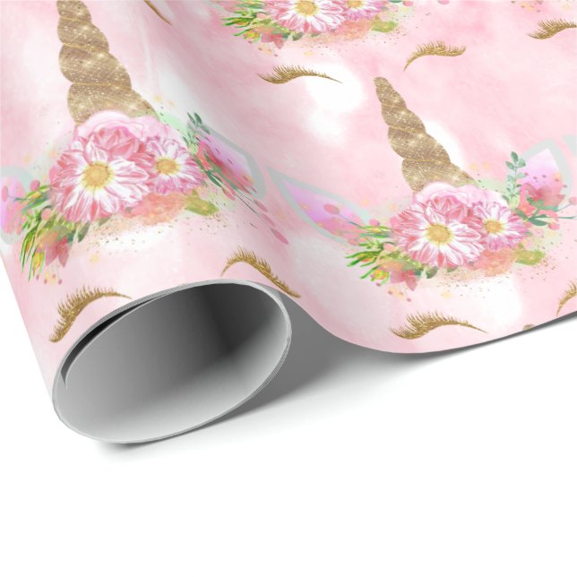 Unicorn Sparkl Glitter Pink Rose Lashe Gold Floral Wrapping Paper (Roll Corner)