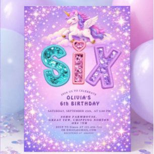 Unicorn Sparkle 6th Birthday  Girl Invitation