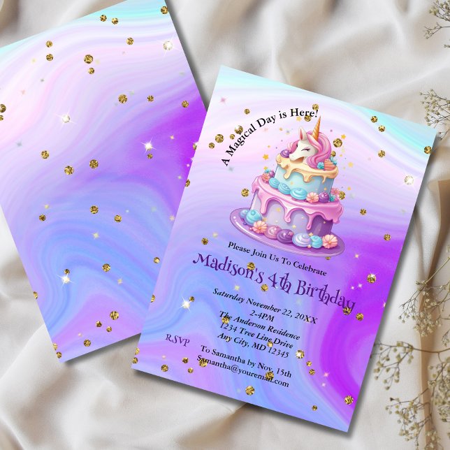 Unicorn Sparkle Blue Purple Cake 4th Birthday Invitation (Magical Unicorn with Cake 4th Birthday Invitation for Little Girl. Any Age- Age can be edited. )
