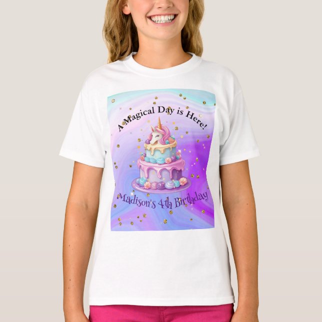 Unicorn Sparkle Blue Purple Cake 4th Birthday T-Shirt (Front)