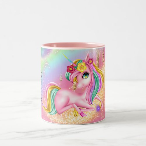 Unicorn sparkle girls pink DIY NAME girly Two_Tone Coffee Mug