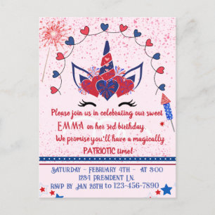 Unicorn sparkle patriot birthday, invitation postcard