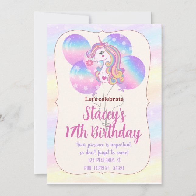 Unicorn Sparkles and Balloons Birthday Invitation (Front)
