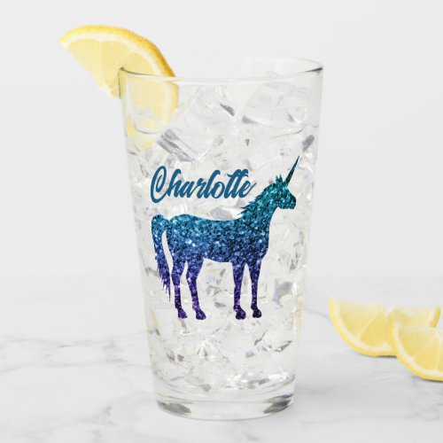 Unicorn Sparkles aqua blue ombre Custom name Glass
