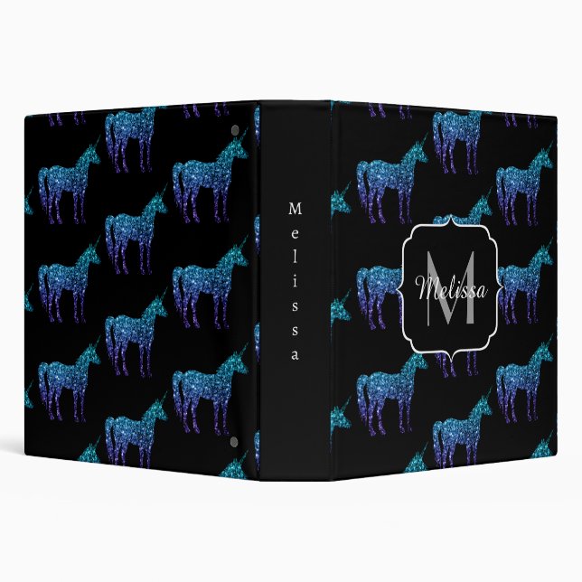 Unicorn Sparkles aqua blue ombre pattern Monogram 3 Ring Binder (Background)
