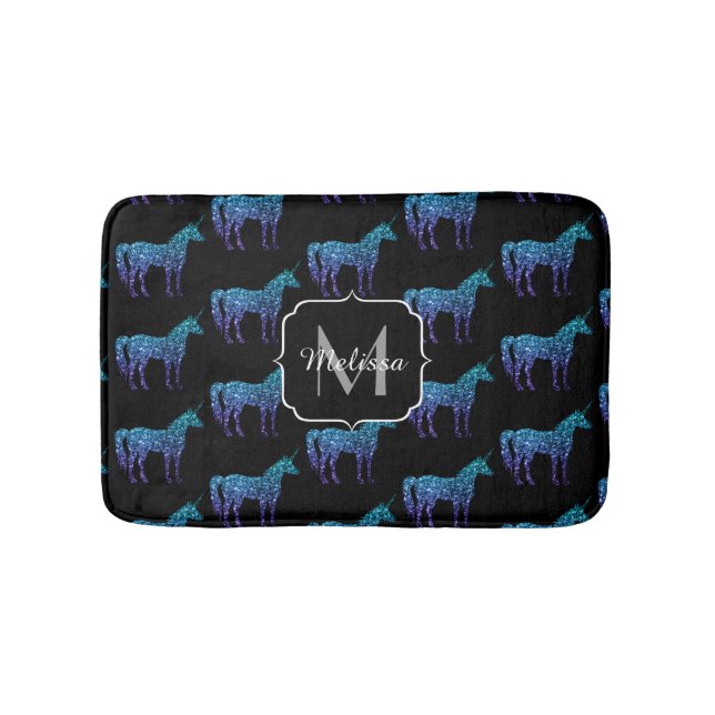 Unicorn Sparkles aqua blue ombre pattern Monogram Bath Mat (Front)